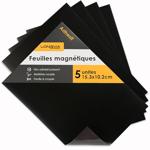 Longivia® 5 Feuilles Magnétiques Qualité Premium - Plaque Aimantée Adhésive Flexibles de 15.3cm x 10.2cm - Magnet Paper Personnalisable – Papier...