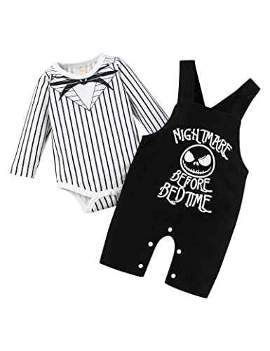 Image of Crazyme Baby Boy Girl Clothes 2PCs Outfit Set Nightmare Before Bedtime Skull Christmas Clothing Set (Striped Black, 3-6 Months