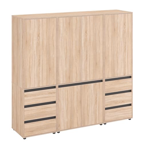KOMTO Kleiderschrank Groß in Sonoma Eiche - Schrank Schlafzimmer Kinderzimmer Mehrzweckschrank mit 6-türig & 6 Schubladen Garderobenschrank Flur | Drehtürenschrank Cube 210 x 192 x 53 cm