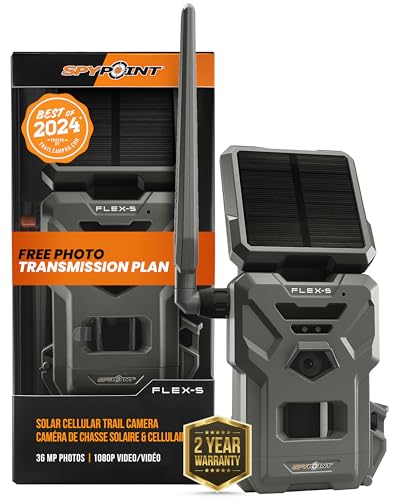 SPYPOINT Flex-S Solar Outdoor Cellular Trail Camera, Integrated Solar Panel, On-Demand Capable, LTE Connectivity, 100-foot Flash/Detection Range, 0.3S Trigger Speed, Internal Battery