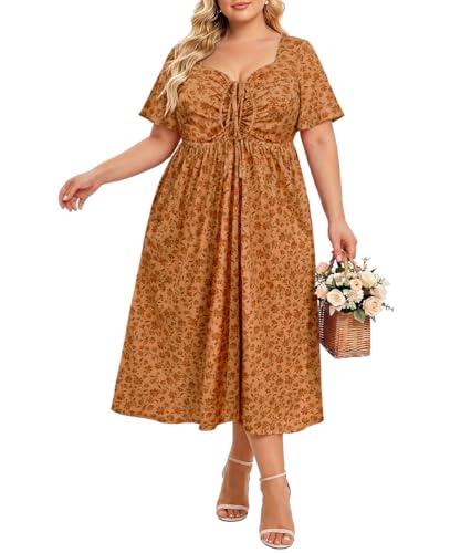 Image of CARCOS Plus Size Dresses for Curvy Women Tie Sweetheart Neck Summer Maxi Dress Short Sleeve Empire Waist Floral Boho Dress