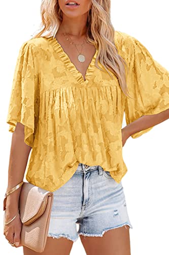 Chyrii Women's Casual Summer Tops Bell 3/4 Sleeve V Neck Chiffon Blouse Shirts Yellow L #TOP23