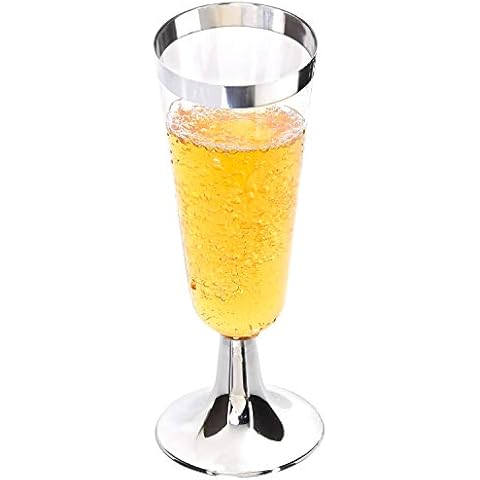 I00000 50 Pack Plastic Champagne Flutes with Silver Rim, Disposable Champagne Glasses 5 Oz, Perfect for Champagne, Bloody Mary, Sodas, Cocktail, Sundaes and other Desserts Cover