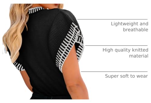 Image of Saodimallsu Womens Short Sleeve Sweater Summer Striped Top Soft Knit Shirts | Ruffle Sleeve,Loose,Crew Neck,Lightweight,Casual,Work,Spring,Womens Tops,Pullover,Fall