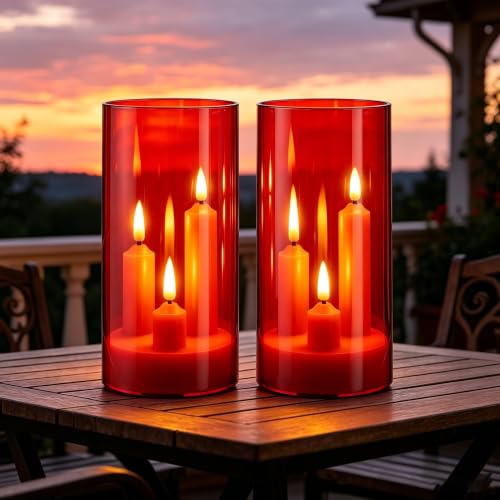 Image of 2 Pack 3D Wick Flameless Taper Candles, Red Transparent Acrylic Cover LED Flickering Candle Lights, Remote Control Battery Operated Electric Candles for Valentine Wedding Christmas Home Table Decor.
