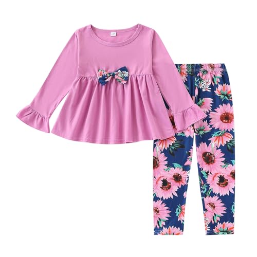 Image of Kids Toddler Girls Clothing Set Long Sleeve Top With Bowknot ＋Floral Print Pants 2 Pcs Fall Outfits Set