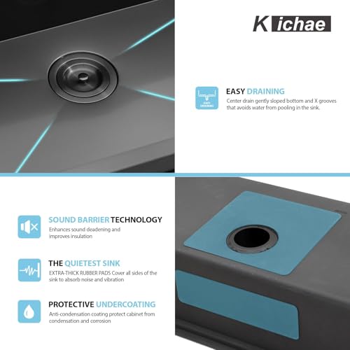 Image of 33 Black Drop In Kitchen Sink Workstation - Kichae 33x19 Drop In Kitchen Sink Black Stainless Steel Topmount 16 Gauge Deep Single Bowl Basin Round Corner