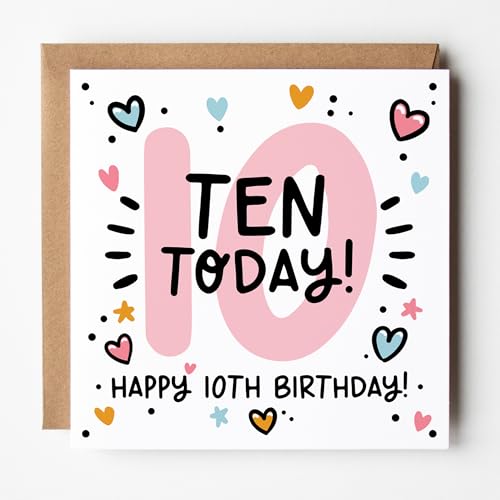 Lunella Stationery Happy 10th Birthday Card for Her - Pink Age 10 Card - Cute & Trendy Design Blank Inside With Kraft Envelope (Age 10)