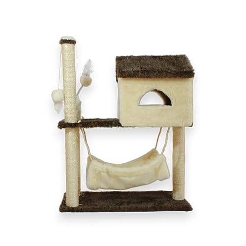 Casa Arranhador Playground Brinquedo Com Rede Poste Sisal Gato – Caramelo / Natural