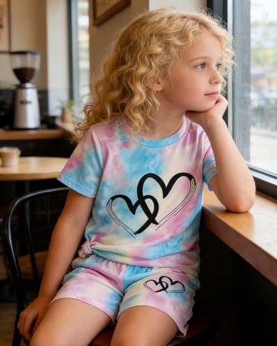Image of Kids Girl Clothes Tie Dye Heart Print Short Sleeve Top and Shorts Toddler Girl Summer Outfits Short Set