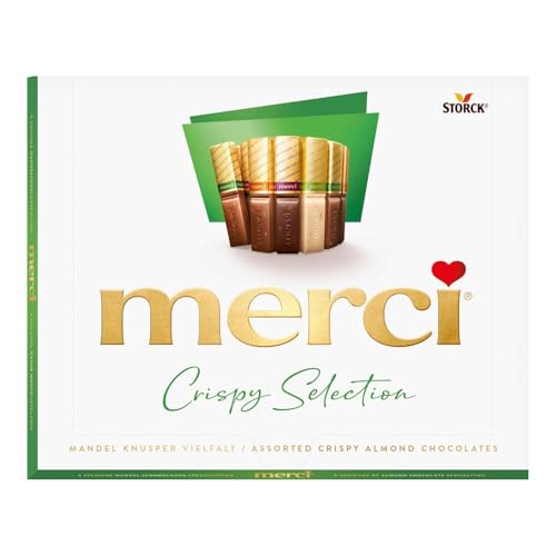 merci Crispy Selection Gran Variedad – 250 g – Caja de Bombones para Regalar – Surtido de 4 Especialidades de Chocolate con Almendra y otros Trozos Crujientes – Sin Gluten y Aptos para Vegetarianos