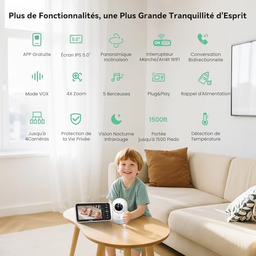 Babyphone Vidéo Simyke, 1 Écrans 5 Pouces + 3 Caméras Motorisées Panoramiques, Utilisation Sans WiFi ou Application Gratuite à Distance, Zoom Numérique, Berceuses Intégrées, Vision Nocturne Infrarouge – vue 9