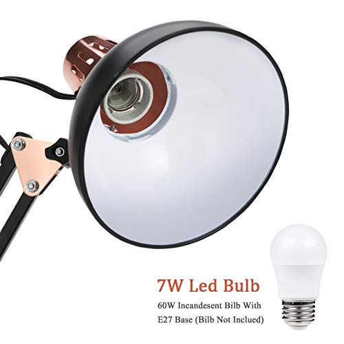Powerking Metal Swing Arm Desk Lamps, Adjustable And Flexible, Feading With Base And Clip 2-In-1 Function, Fit E26&E27 Bulbs Base, Application In Bedroom Living Room, Office Home (Black+Rose Gold) #TOP4