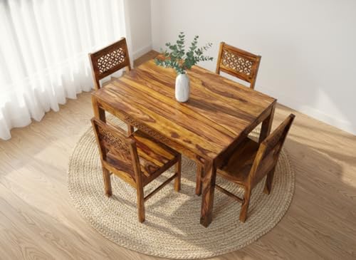 Image of RECTART Solid Wood Dining Table Set with Chairs for Living Room Home | Wooden Dining Room Sets Furniture for Hotels and Restaurants | (CNC-Top-N, 4 Seater)