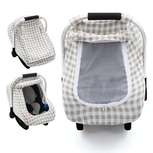 Image of Muslin Car Seat Cover Baby, Summer Infant Carseat Covers with Breathable Window, Lightweight Car Seat Sun Shade Cover for Girls Boys, Fit Spring Summer (Brown)