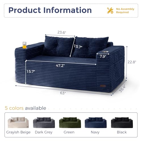 Image of MAXYOYO 63 inch Boneless Loveseat Sofa Couch for Small Spaces, Mini Love Seat Floor Couch with Cup Holders and Pillows, 2-Seater Upholstered Cloud Couch for Bedroom Apartment, No Assembly Required