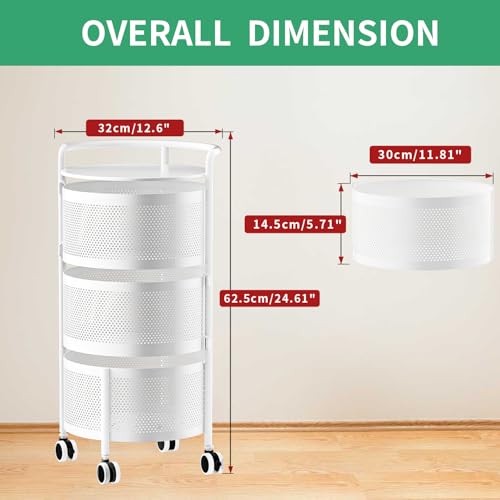 Image of JAQ No Assembly White Rotating Kitchen Storage Organizer, 3-Tier Metal Basket Rack with Wheels, Space Saving Fruit & Vegetable Storage Cart for Small Kitchen, Pantry, White