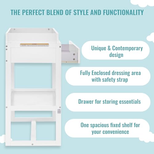 Image of Dream On Me Arlo Changing Table with Pad & Safety Strap - White | Solid New Zealand Pinewood, Non-Toxic Finish, Spacious Fixed Storage Shelf for Diapers, Water-Resistant 1 inch Pad