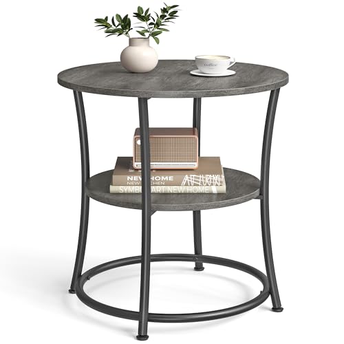 VASAGLE Side Table, 2-Tier Round End Table, Nightstand with Steel Frame for Small Spaces, Living Room, Bedroom, Misty Gray and Ink Black Misty Gray + Ink Black Without Power Strip