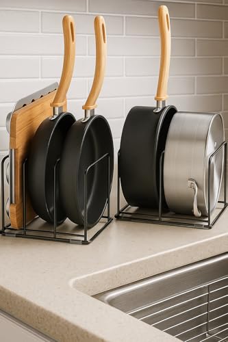 Image of Cast Iron Frying Pan Holder Organizer Rack, Pans Pot Stand cutting board Dish Rack Storage Stand for Kitchen Cabinet, Countertop, [ Without pan]