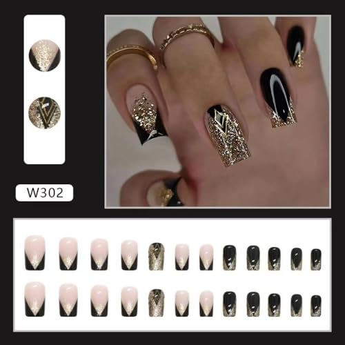 Image of Gold Glitter Press on Nails Black Full Cover Fake Nails with French Tip Design Glossy Glue on Nails Reusable Artificial Acrylic False Nails Medium Square Stick on Nails for Women Girls Manicure 24Pcs