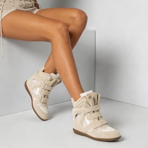 Image of Wedge Sneakers for Women Suede Tennis Shoes Hidden Wedges Round Toe Strappy High Top Sneakers Comfy Casual Walking Shoes