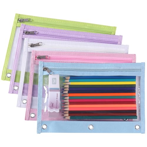 Image of Mr. Pen- Pencil Pouch for 3 Ring Binder, 5 Pack, 10 inchx7 inch, Smooth Zipper, Clear Window, Large Capacity Pencil Case with 3 Reinforced Grommets for School, Office, Supplies Storage