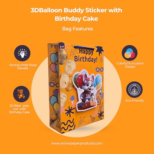 Image of TASCHE 3D Balloon buddy pop up Gift Bags for Return Gifts | Pop-Out Paper Bags for Kids Birthday, Baby Shower, Party Favors | 11x8x3 Inches (BEAR POP, Pack Of 8)