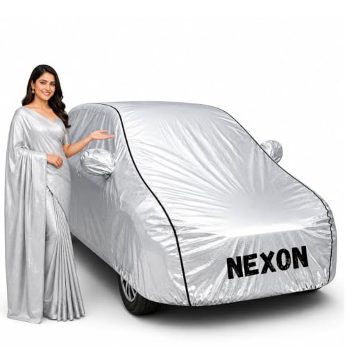 Image of Waterproof Car Body Cover for Nexon All Weather Protection Comes with Inner Cotton Lining & Triple Stitched with Mirror & Antenna Pocket Belt & Elastic Fit Metallic Silver with Black Piping1