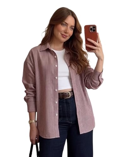 Image of Urbano Fashion Women's Cotton Full Sleeve Oversized Fit Casual Striped Shirt with Spread Collar