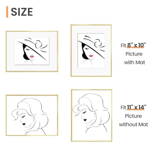 Image of upsimples Aluminum 11x14 Picture Frame Gold, Display Photo 8x10 with Mat or 11 x 14 without Mat, Wall Hanging Metal Poster Frame with Acrylic Cover, 1 Pack
