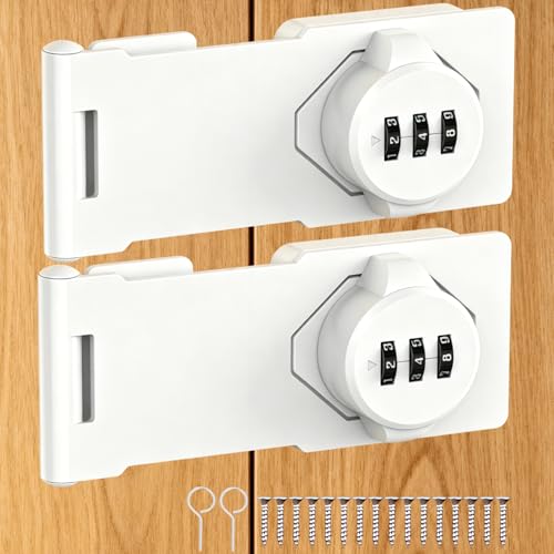 White Combination Hasp Lock: Modern Keyless 3-Digit Password Rotary Latch for Security Door Use on Indoor Outdoor Durable Bifold Pantry Closet Cupboard Garden Barn Shed Door Drawer Zinc Alloy 2Pack