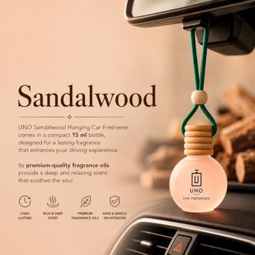 Image of UNO AROMA Sandal Wood Car Air Freshener, 15ml, Long Lasting Hanging car perfume, Toxin-Free Oil in Glass Bottle with Wooden Diffuser, Car Accessories for fresh aroma, Last Upto-60 Days