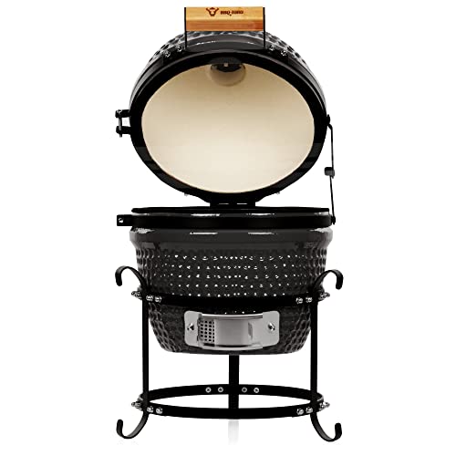 Foto von BBQ-Toro Kamado Grill Holzkohlegrill Haiiro Ø 32 cm | Schwarz | Mini Holzkohlegrill mit Thermometer & Holzgriffen | Keramikgrill rund | Ceramic Grill Ei, Smoker, BBQ Grillofen, Kamado BBQ