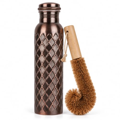 Copper Water Bottle, Copper Drinking Bottle Diamond Cut, 32 oz Antique