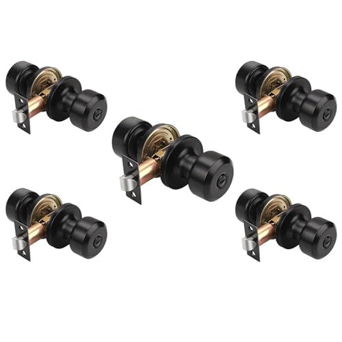 KNOBWELL Interior Door Knobs with Cylindrical Shape Knob, Matte Black Door Knob for Bedroom Bathroom, Keyless Privacy Door Knob with Lock, Stainless Steel Door Handle, 5 Pack