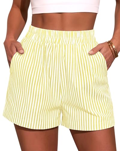 NONSAR Damen Sommer Shorts Striped Cotton Weiche Casual Kurze Hose Elastic Waist Lightweight Shorts with Pockets(9378L,Gelb)