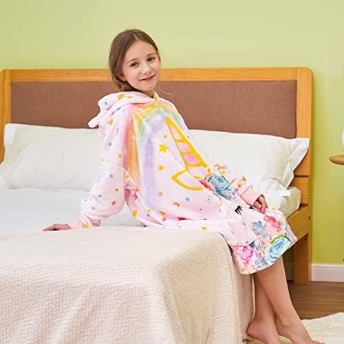 WERNNSAI Unicorn Wearable Blanket - Oversized Blanket Hoodie for Kids Girls Cozy Soft Warm Sweatshirt Blanket Flannel Comfortable Hooded Blanket with Pockets One Size for 6-12 Years Old Kids