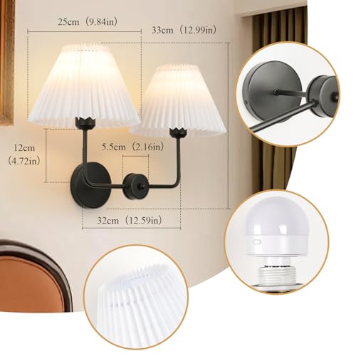 Image of Double Light Battery Operated Wireless Wall Sconces with White Pleated Fabric lampshade, 2-Light Antique Brass Sconce for Bathroom Vanity Hallway Stairway Living Room (Gold & Black)