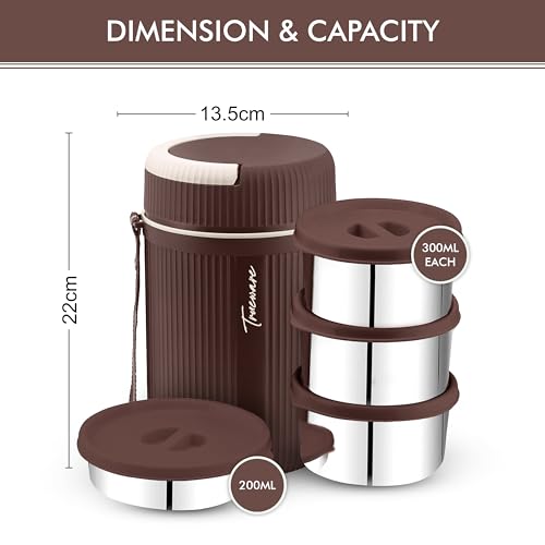 Image of Trueware Plastic Grub 4 Double Wall Insulated Hot Lunch Box with 3 SS Container 300 Ml Each & 1 SS Container 200Ml | BPA Free | Food Grade | Hot and (LBI-GRB-004-Brown BAZ)