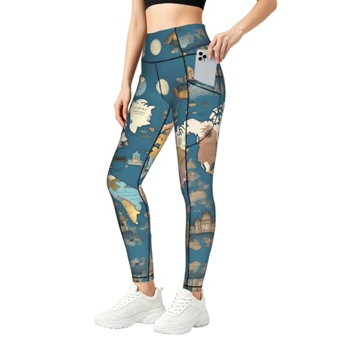 Leggings con mapa del mundo con bolsillos para mujer mallas de deporte elásticas