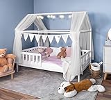 Hausbett 80x160 cm mit Matratze - 3 bis 9 Jahren - vielseitiges Holz Kinderbett für Jungen & Mädchen - Massivholz Kinder Bett mit Rausfallschutz und Lattenrost Kinderbett 160x80 cm - Weiß