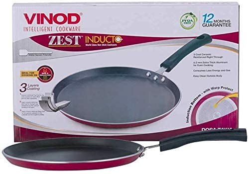 Vinod Patelnia do naleśników, nieprzywierająca patelnia do naleśników, Chapati, Roti i Dosa Tawa do płyt indukcyjnych, kuchenek gazowych i ceramicznych, powłoka odporna na zarysowania - 25 cm, grubość 4 mm, czarna