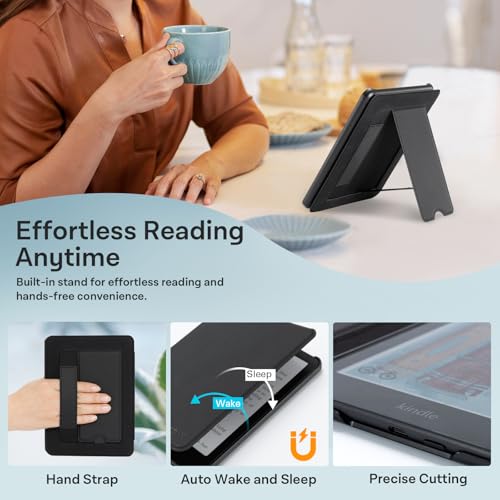 Image of CoBak Lightweight Stand Case for 7 inch 12th Gen 2024 and Colorsoft with Right Hand Strap - Compatible with iPhone MagSafe, for Samsung /Belkin /Anker Wireless Charging Pads,Fabric Black
