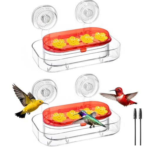 Redboat 2 Pack Window Hummingbird Feeder, Strong Suction Cup Hummingbird Feeder with 4 Feeding Ports, Easy to Clean and Refill Plastic Humming Bird Feeder,Gifts,10oz