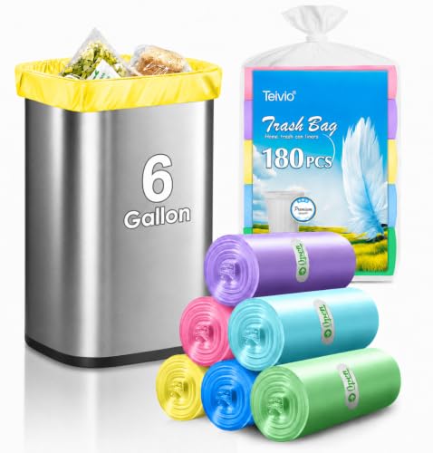 Image of Teivio Colorful Clear Trash Bags 6 Gallon 180 Counts Garbage Bags, Medium Bathroom Trash Can Bin Liners, Small Plastic Bags for office home kitchen, fit 15-18 Liter, 3,3.5,4.5,5 Gal,Multicolor