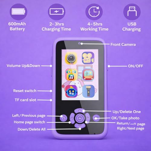 Image of Brand Conquer Kids Mobile with Digital Camera 2.4 inch IPS Screen, 1080P HD Video, 40MP Photo, Flash Light, 6 Games, MP3 Player, Type-C Port, 32GB Expandable, Silicone Cover with Rope & Cable (Purple)