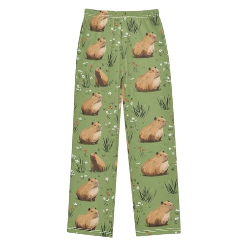 Boys' Pants Brown Capybaras Green Leaves Long Bottoms Jogger Pants Elastic Waist Trousers with Pockets S-XL