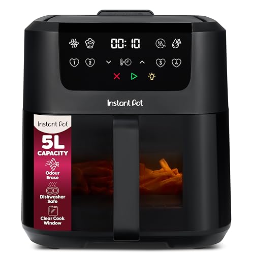 Instant Pot - Vortex Compact Black Air Fryer - 5L Basket Family Size 4 in 1 - Air Fry Food Dehydrate Bake Reheat Non-Stick Easy Clean Dishwasher Safe Electric