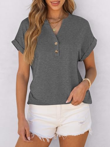 Image of ANRABESS Womens Short Sleeve Henley Tops V Neck Dressy Casual Blouses Summer Trendy Tee Shirts 2026 Vacation Fashion Clothes